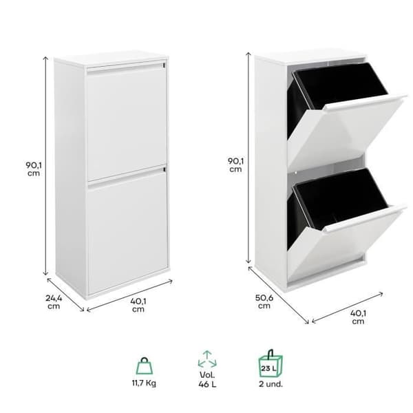 ARREGUI Basic CR401-B2 Kök Återvinningsbehållare 2 Fack 2 x 23 L 46 L Vit Vit
