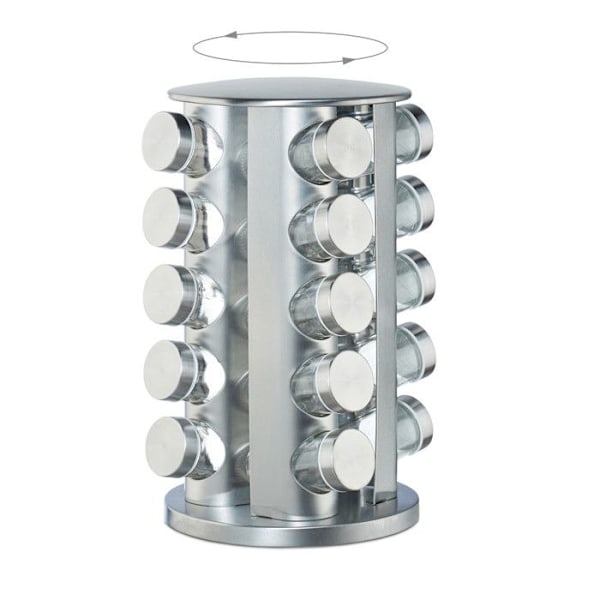Relaxdays Kryddkarusell, 20 glasburkar, krydddisplay i rostfritt stål, 360° roterande, 34,5 cm höjd, silver Silver