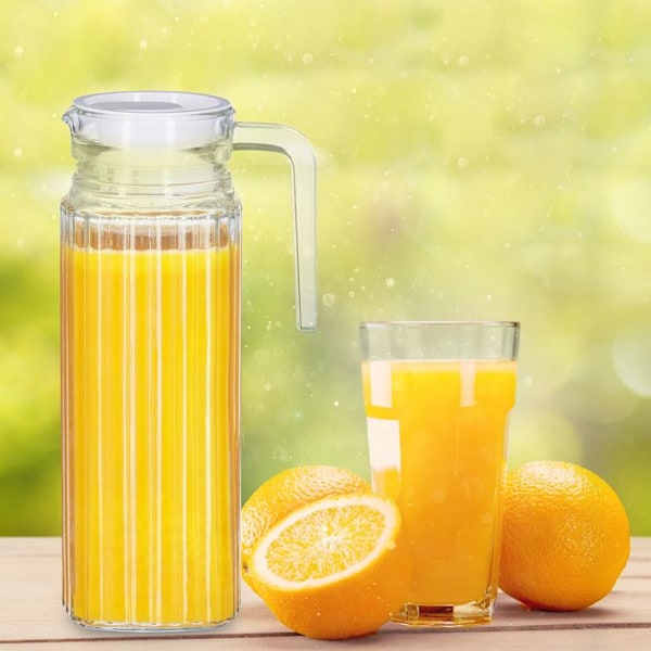 Relaxdays karaff med lock, 1 liters kanna, glaskanna, juice, iste, med handtag, filter, klar transparent