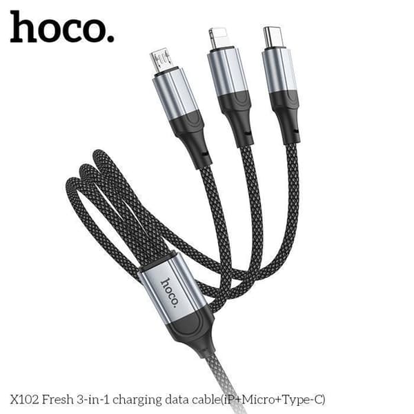 HOCO 3-i-1 USB till Lightning (iP) / USB-C / Micro-USB 1 m - Flätad nylon, 2.4A