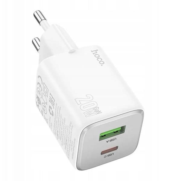 Hoco Laddare 20W USB-A + USB-C QC3.0 PD 3A vit Vit