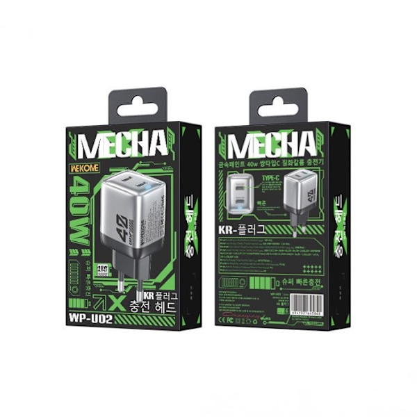 WEKOME WP-U02 Mecha Series - 2x USB-C Super Fast GaN 40W väggladdare (Silver)