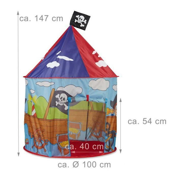 Relaxdays Barntält Pojke Tjej Lektält Piratflagga Utomhus Pop-up 3 år H x D 130 x 100 cm, Röd Blå röd, blå, ljusblå