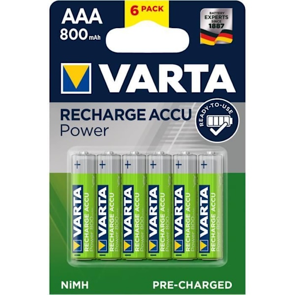 VARTA-paket med 6 st AAA 800 mAh 1,2V Ni-Mh uppladdningsbara batterier