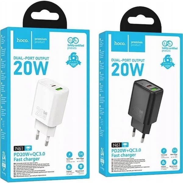 Laddare - Hoco strömadapter väggladdare USB A + Typ C PD QC3.0 3 A 20 W N61 vit