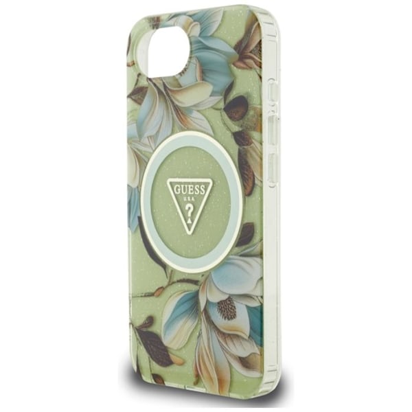 Coque Guess IML Metal Glitter Blommor Triangel MagSafe för iPhone 16e (grön)