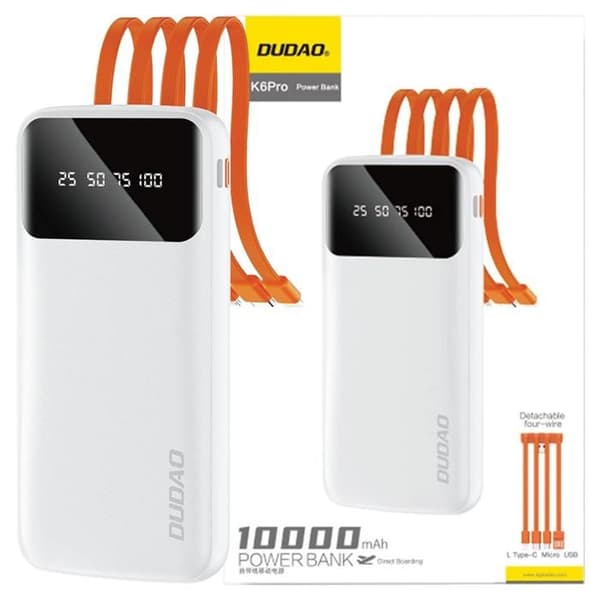 Extern batteri - DUDAO - K6Pro - 10 000 mAh - USB-C/Lightning/USB - Kompakt vit Vit