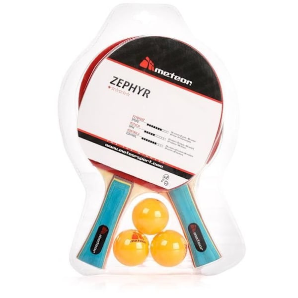 Set av Ping Pong-racketer - meteor - Zephyr - 2 racketer - 3 bollar - Professionell Svart röd