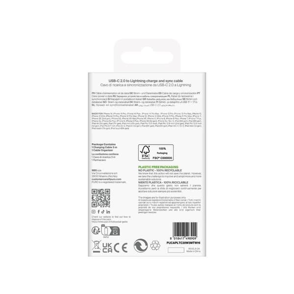 Laddningskabel - PURO - TPE 20 W - USB-C - Lightning - 3 m - Vit Vit