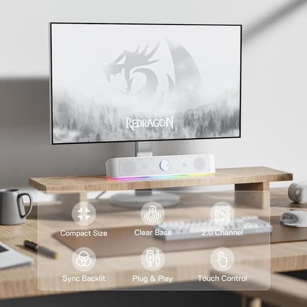 Redragon GS560 PC-ljudbar 2.0, USB + 3,5 mm jack, dynamisk belysning, vit Vit
