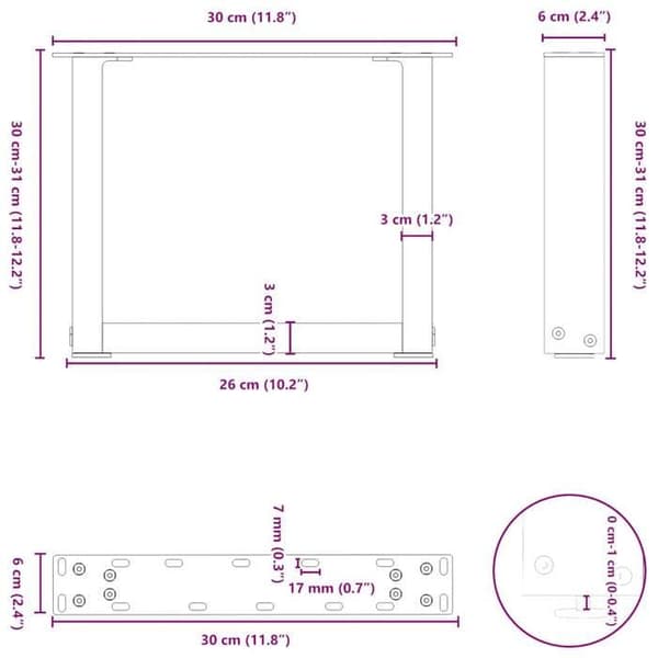vidaXL U-formade soffbordfötter 2 delar antracit 30 x (30-31) cm stål 4013130
