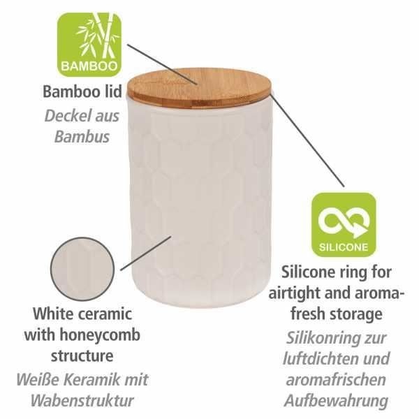 Maya förvaringsbox 900ml, högkvalitativ vit keramik med vävstruktur, tål diskmaskin, lock i