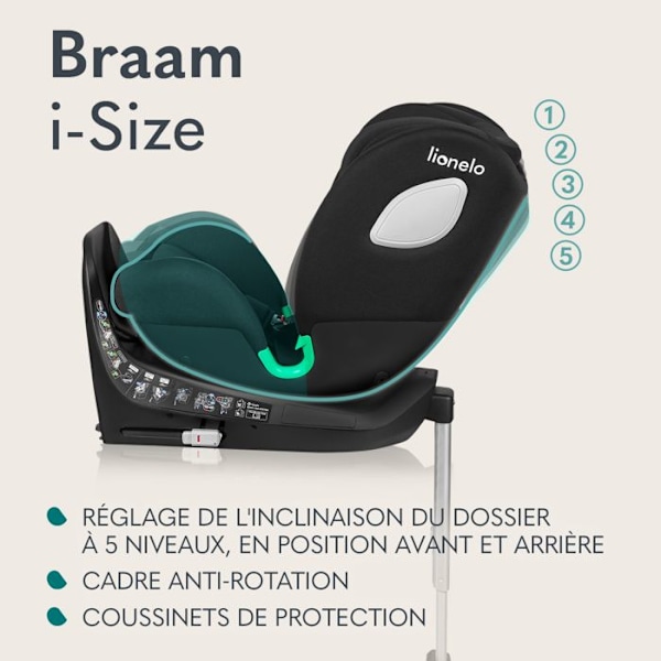 Bilbarnstol 360° LIONELO Braam iSize - ISOFIX - Svängbar bas 360° - 40-150 cm - Grupp 0/1/2/3 - Svart svart och grått