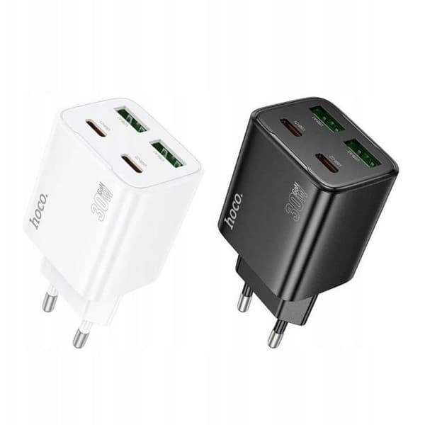 Nätadapter - HOCO - N56 - 2xUSB-C 2xUSB-A - QC3.0 PD 30W 3A - Vit Vit