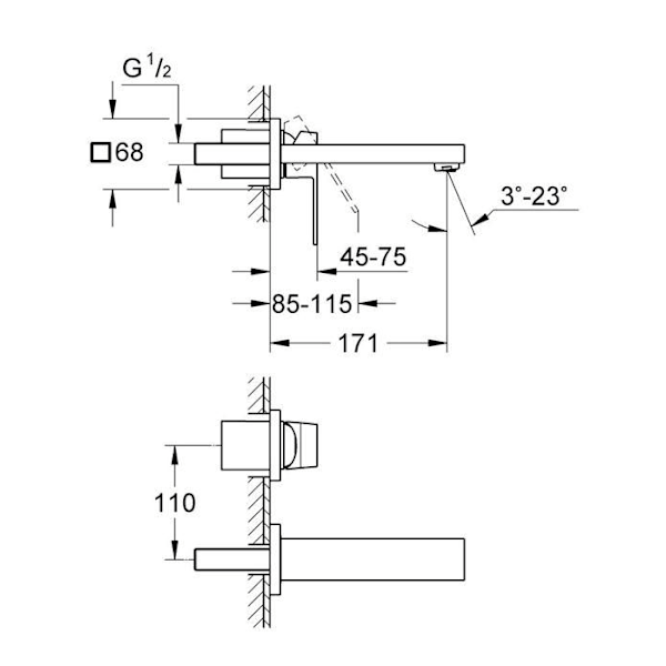 GROHE Eurocube väggmonterad tvättställsblandare - 19895000 - Bright krom - Utsprång 171mm - Centrumavstånd 110mm Krom