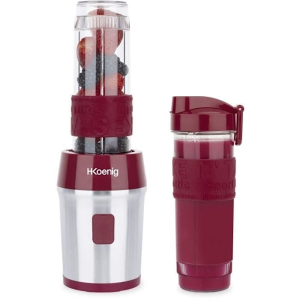 Minimixer - H.Koenig - SMOO10 - 300 W - 570 mL - Hallon - 2 flaskor ingår Hallon, grått och genomskinligt