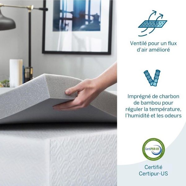 Lucid - LU75142030BT-EU - 7,5 cm Memory Foam Madrass Topper med Bamboo Charcoal - Madrass Topper 140 x 200 cm