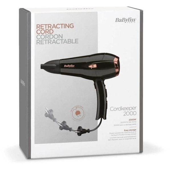 Babyliss D373E hårtork - 2000W - DC-motor - Jonisk funktion - 3 temperaturer - 2 hastigheter - Indragbar sladd Svart