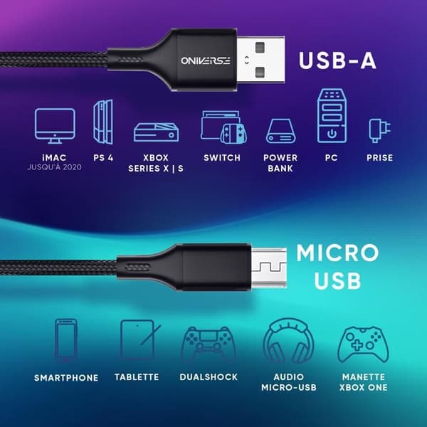 USB-kabel - Oniverse - Micro USB - 3m - Snabbladdning 2.4A - Kompatibel med PS4, Xbox One, Android, PC - Svart Svart