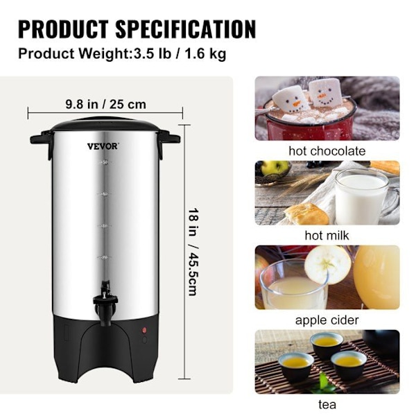 7,4 L kaffebryggare - VEVOR - 50 koppar rostfritt stål dispenser för varma drycker