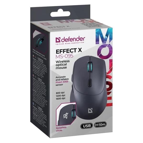Trådlös mus Defender EFFECT X MS-095, optisk, klickfri, tyst, 1600 dpi, svart