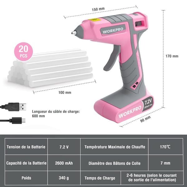 WORKPRO 7,2 V trådlös limpistol med 2000 mAh batteri och 20 limstavar Ros