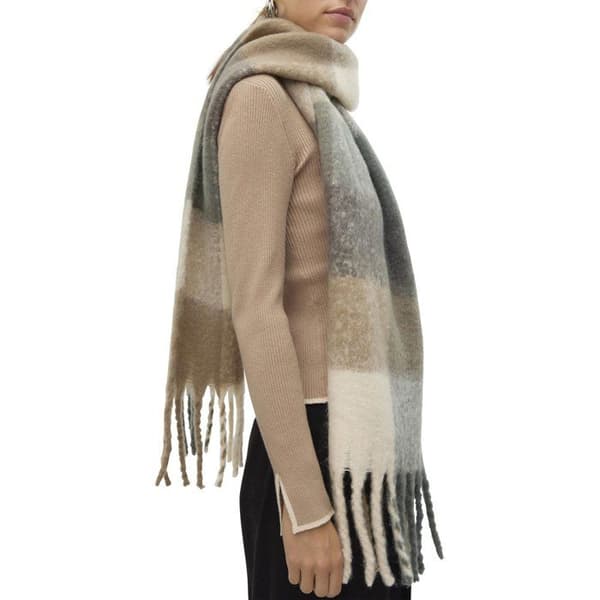 Multifärgad sjal i écru, beige och grå med fransar i ändarna