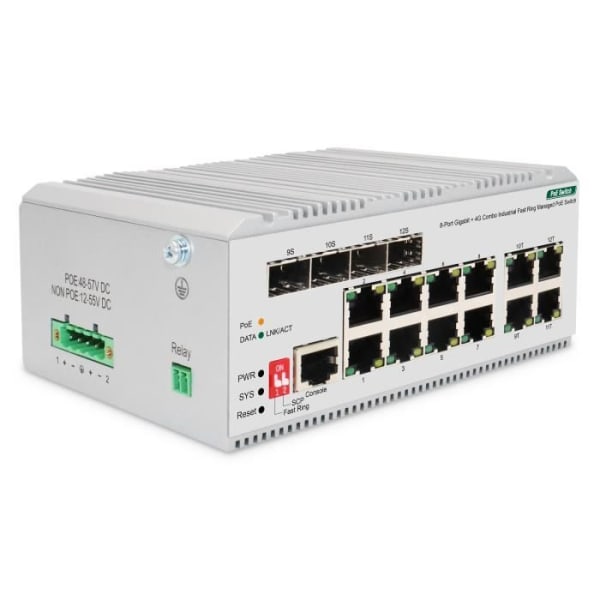 Digitus 8-portars Gigabit Ethernet-nätverk PoE-switch, industriell, L2-hanterad, 4 SFP-upplänk