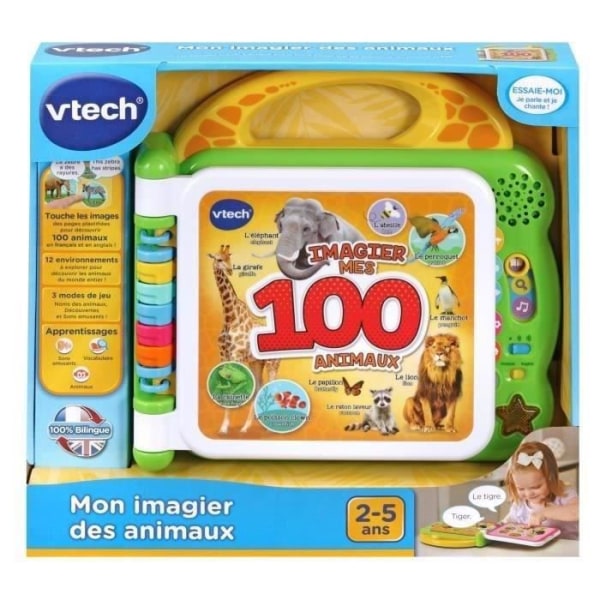 VTECH - Min tvåspråkiga bilderbok - 100 djur - Tvåspråkig interaktiv bok - För barn - Stack - Flerfärgad