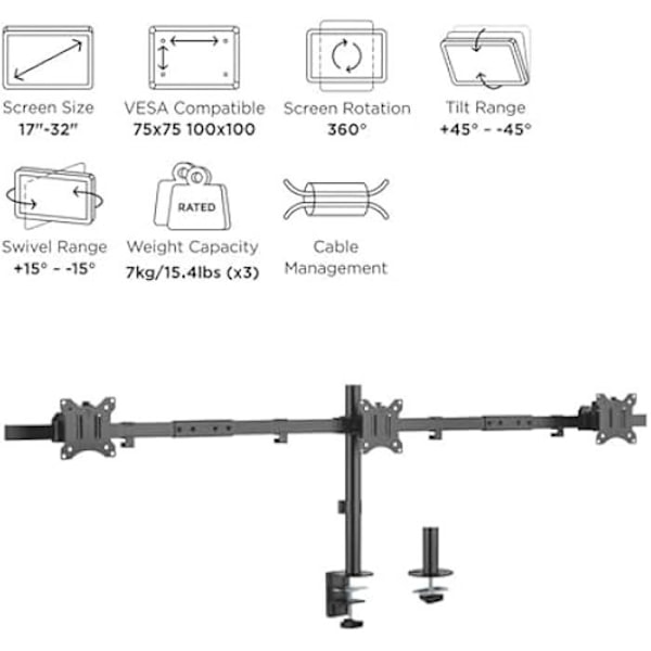 Utrusta 650158 Mobilt skrivbordsfäste för tre 17"-32" skärmar