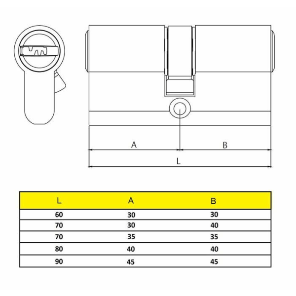 Yale högsäkerhetscylinder CS10 dubbelkoppling mässing 30 x 30 mm nyckel - lång kamnyckel