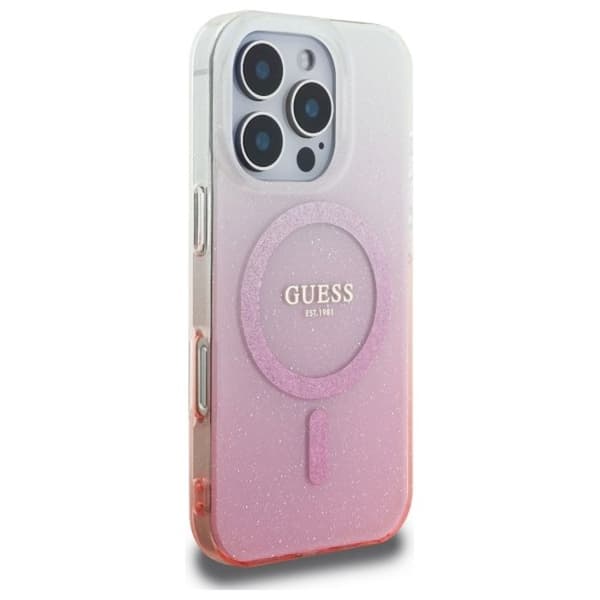 Coque Guess IML Glitter Gradient MagSafe för iPhone 16 Pro (Rosé)