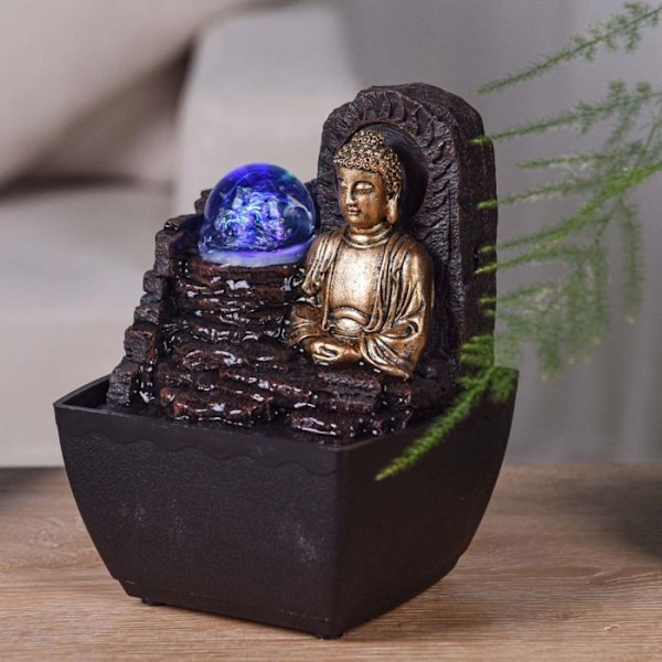 Liten hartsfontän inomhus med Theravada Buddha LED Brun, Guld