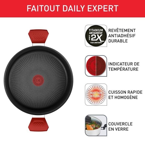 TEFAL Gryta 24 cm, Induktion, Non-stick beläggning, Glaslock, Ergonomisk, Tillverkad i Frankrike, Daily Expert C2894602 Överraska Red Ultra