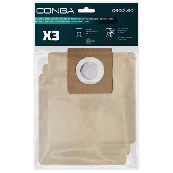 Cecotec - Set med 3 påsar för Conga PowerBag 2500 Compact Plus dammsugare - Inkluderar påsar kompatibla med Conga
