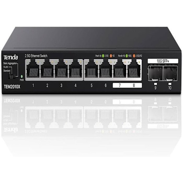 Switch Ethernet 2,5G - Tenda - TEM2010X - 8 portar RJ45 - 2 portar SFP+ 10G - VLAN, Statisk Aggregation