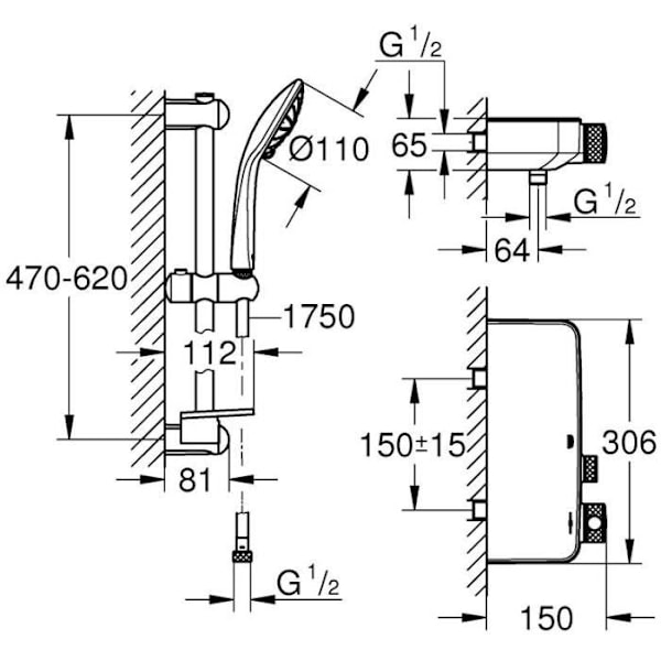 GROHE Grohtherm SmartControl 3-jet duschset 34720000-60 cm duschstång-Vattenbesparing-Anti-torsion-2 hyllor-Krom Grå