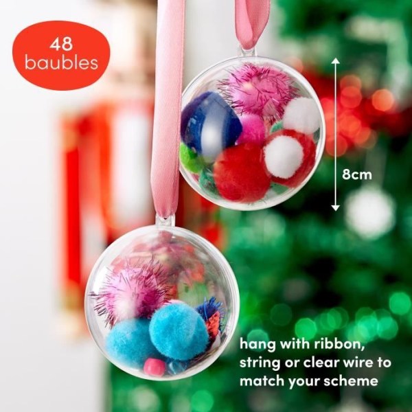 THE TWIDDLERS 48 Transparenta julgranskulor att fylla och dekorera (8cm) - Hängande trädprydnad - Gör-det-själv-juldekoration