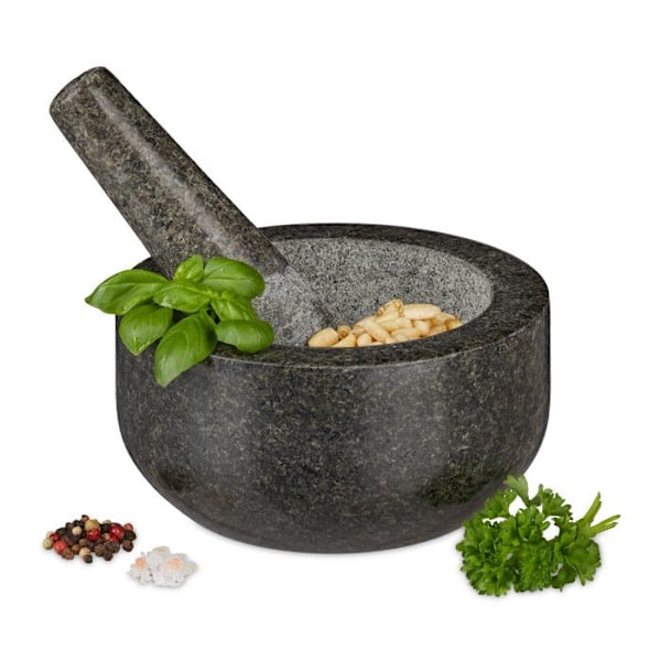 Relaxdays Mortel i granit med stöt, robust, för kryddor, örter, mortel i polerad sten, d. 16 cm, 400 ml, grå antracit, grå