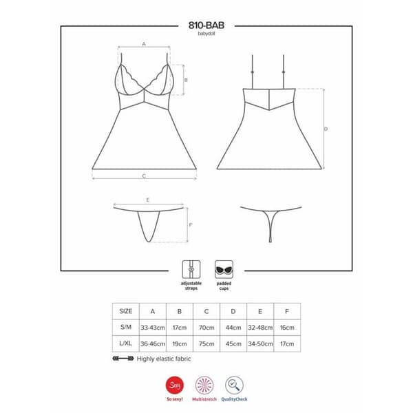 Nattlinne (babydoll) - OBSESSIVE - Utsvängd - Vadderade spetskupor - String ingår - Svart Svart L/XL