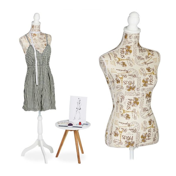 Relaxdays sömnadsmannequin, kvinna, justerbar höjd, H x L x P : 167 x 41 x 34 cm, dekorativ byst för skyltfönster, crème grädde, vit