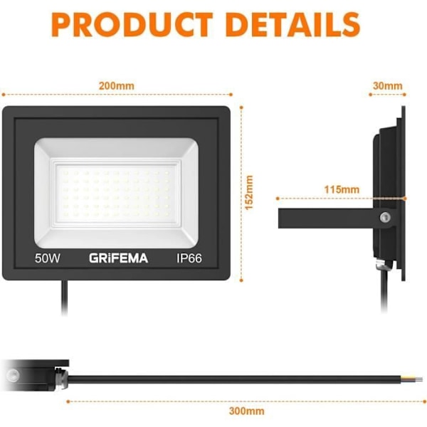 LED Utomhusprojektor - GRIFEMA - 50W - 5500LM - 6500K Kall Vit - IP66 Vattentät Vit