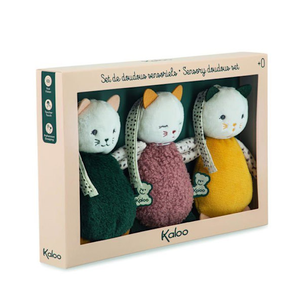 Doudous sensoriska - Kaloo - K971600 - 3 kattungar - Olika material - Sensorisk utveckling Milda och moderna färger