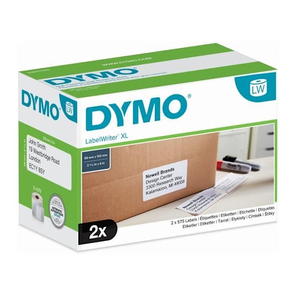 DYMO LabelWriter Box med 2 rullar med 575 4XL breda fraktetiketter för "LabelWriter 4XL", 102 mm x 59 mm