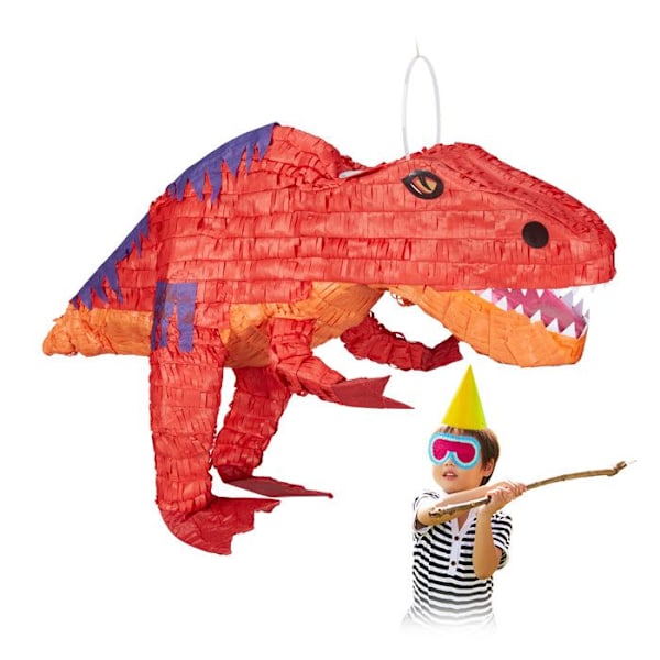 Relaxdays Pinata att hänga Dinosaurie T-Rex, För barn, att fylla, födelsedagslekar dekoration papper, röd mörkröd, orange, lila
