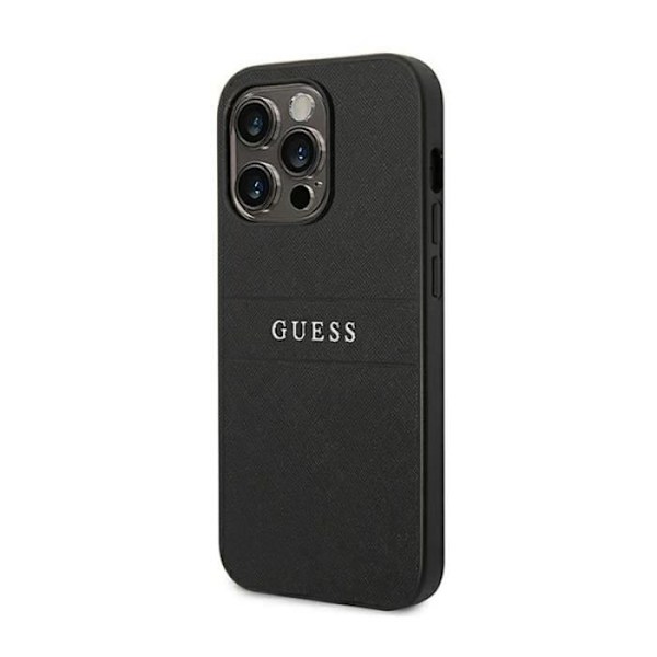 Guess Saffiano Metal Logo Stripes iPhone 14 Pro-fodral (svart) - 3666339088606