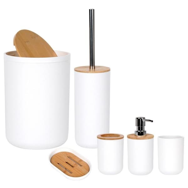 Badrumsaccessoarer - Vilde - 6 delar - Vit plast - Bambu - Modern design Vit