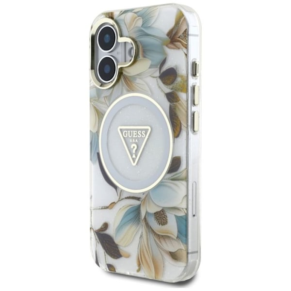 Coque Guess Glitter Flowers Triangle Buttons MagSafe för iPhone 16 (vit) vit