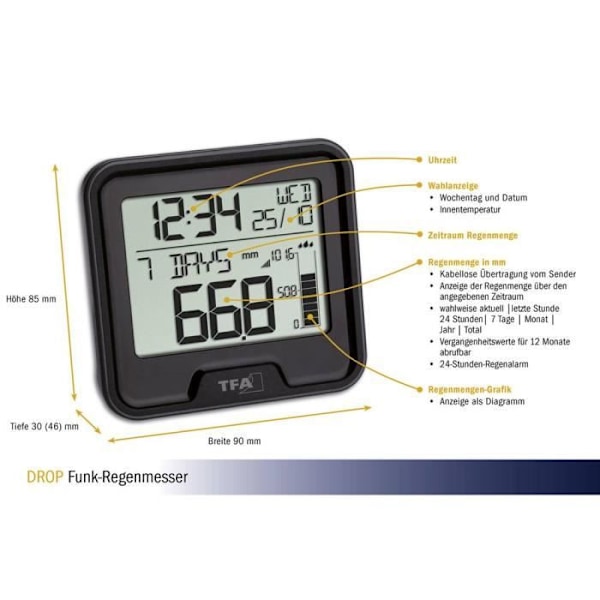 Regnmätare TFA Dostmann Funk-Regenmesser DROP 47.3005.01 - Svart - Inomhus - Vuxen - Unisex svart