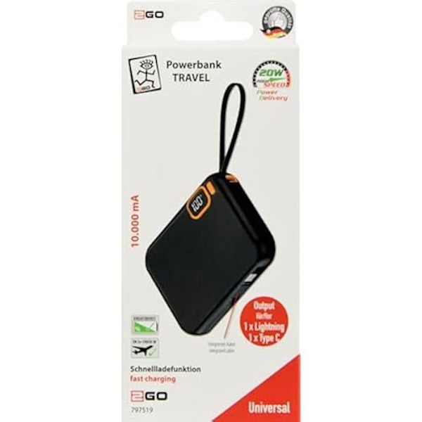 Powerbank - 2GO - Resa 10 000 mAh - 1 x Typ C - 1 x Lightning - Snabbladdning och PD